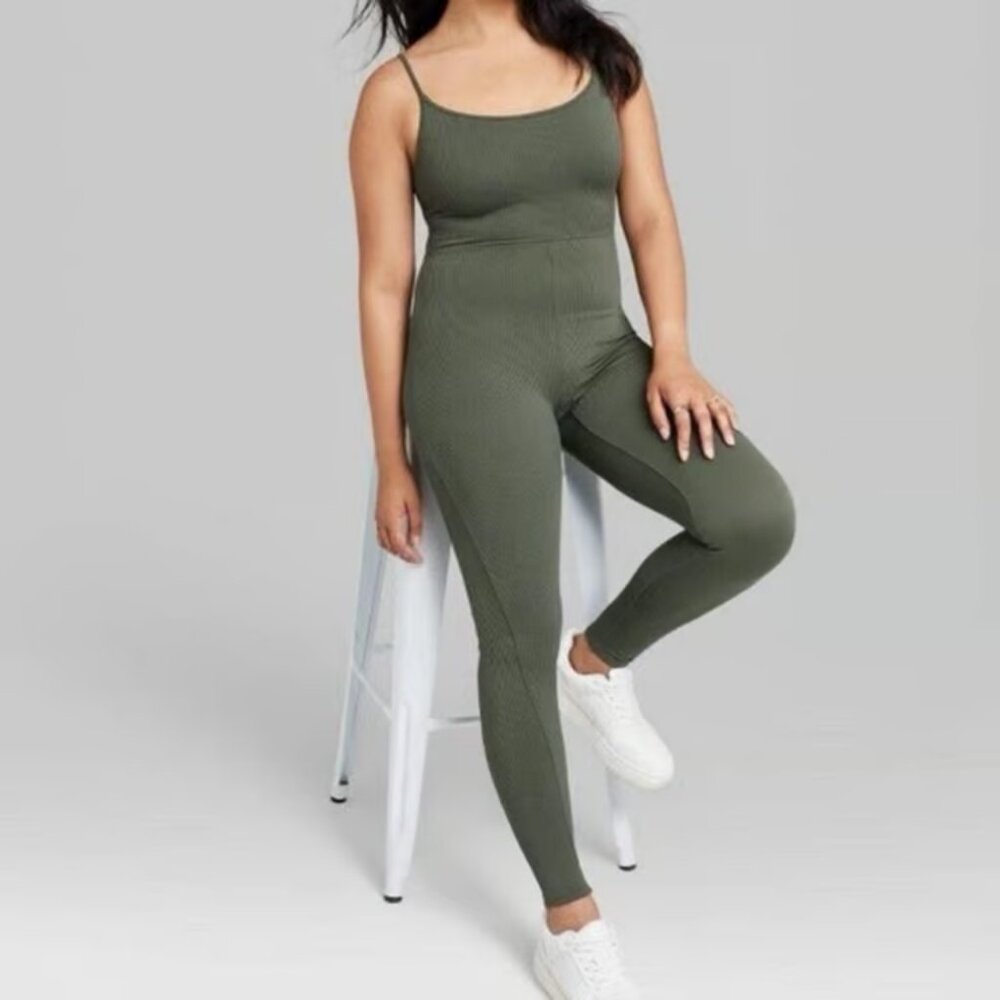 WILD FABLE Olive Green Ribbed Sleeveless Jumpsuit